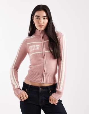 Daisy Street - Hochgeschlossene Strickjacke in Rosa und Cremeweiß mit Reißverschluss und Engelszahlen-Motiv