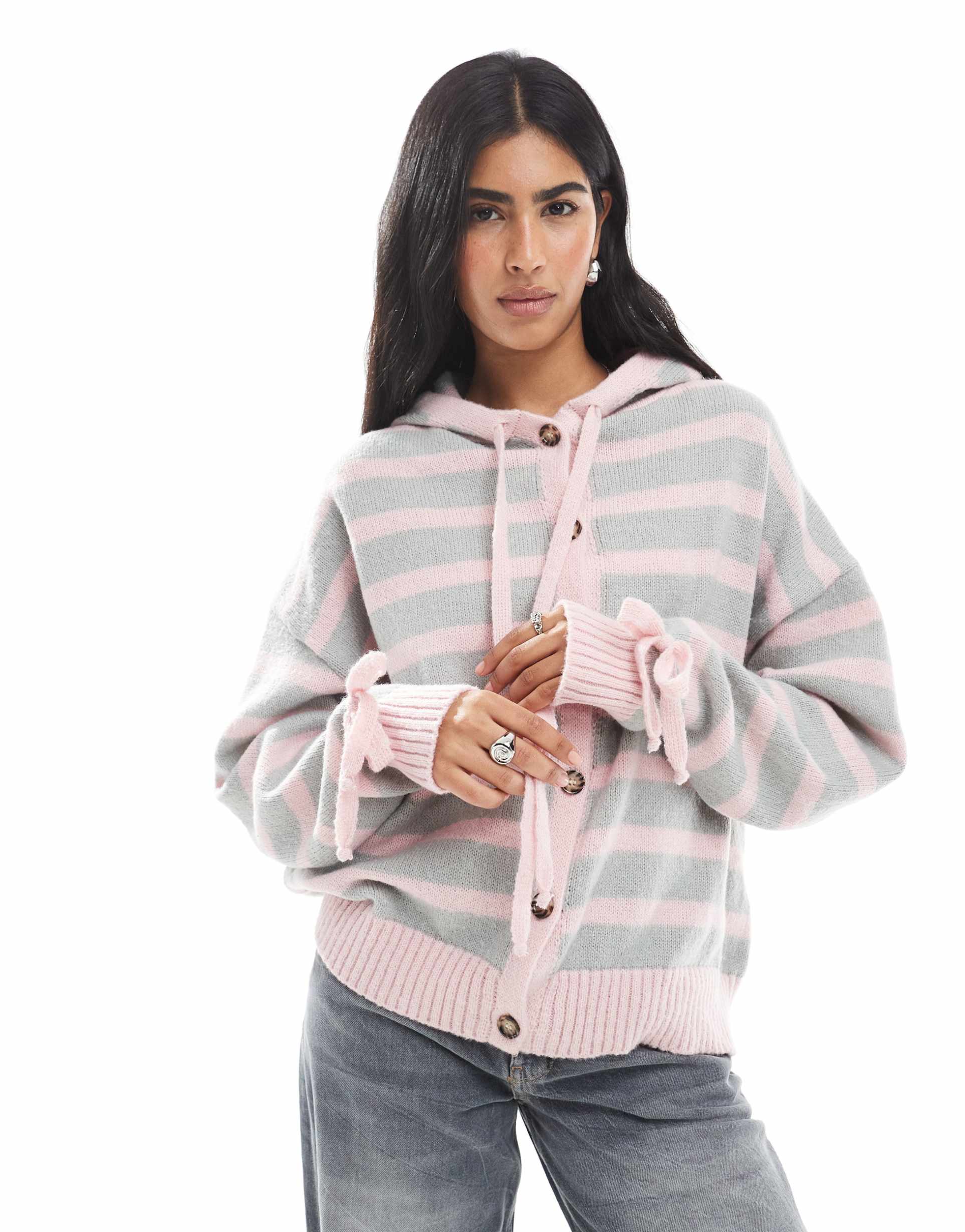daisy street hooded cardigan in pink stripes