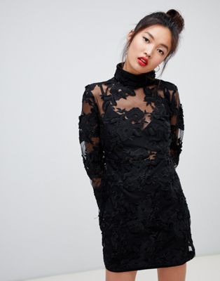 Daisy Street - Hoogsluitende kanten mini-jurk-Zwart