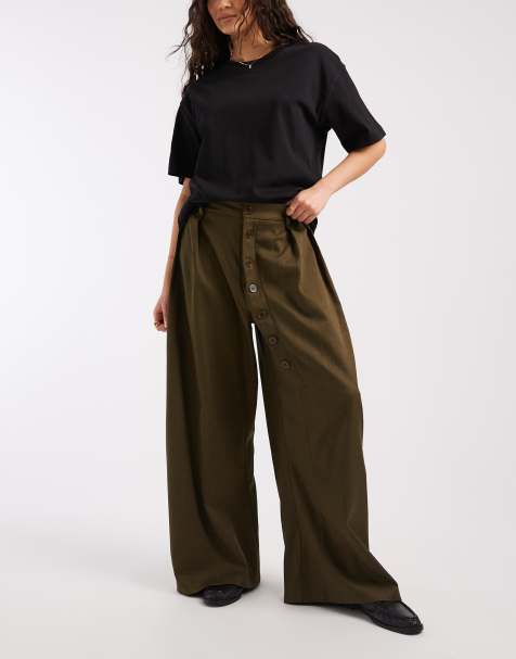 Daisy Street – Hose in Khaki-Olivgrün mit mittelhohem Bund, weitem Bein und asymmetrischer Knopfleiste - view 1