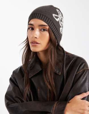 Daisy Street intarsia bonnet with bows in warm charcoal-Grey