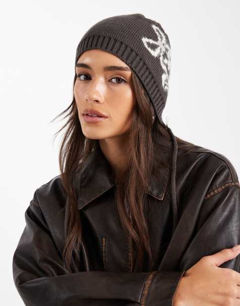 Daisy Street intarsia bonnet with bows in warm charcoal