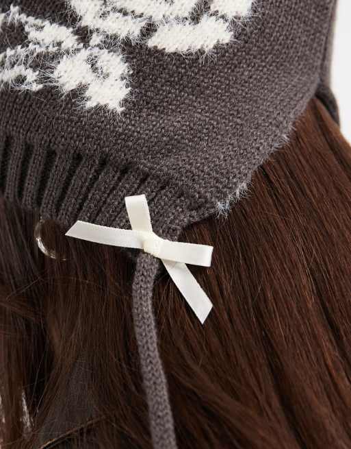 Daisy Street intarsia bonnet with bows in warm charcoal, 2 of 3