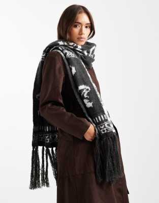 Daisy Street Intarsia Scarf With Tassels In Blue