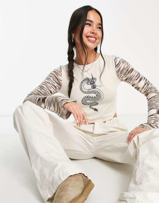 Daisy Street - Jaren 90 stijl crop top met gebreide mouwen en print