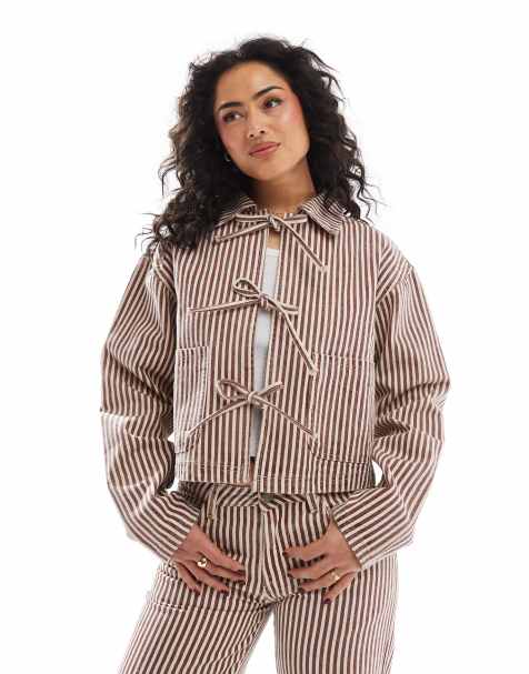 Daisy Street – Jeansjacke in Rot und Ecru gestreift mit Bindeband vorne, Kombiteil - view 1