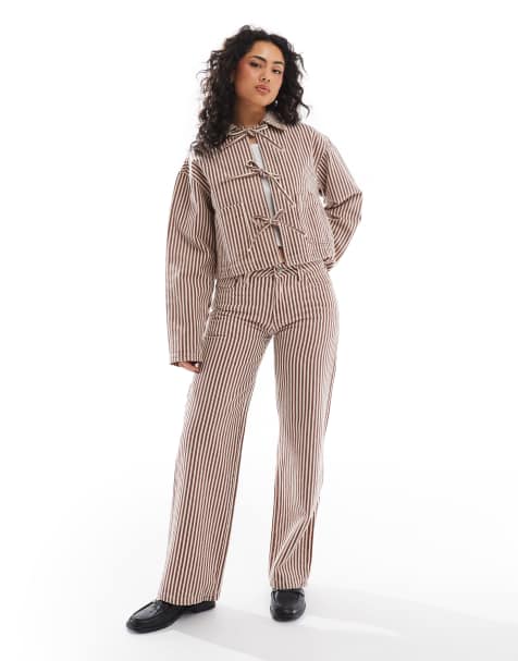 Daisy Street low rise baggy jeans in red and ecru stripe jeans co-ord