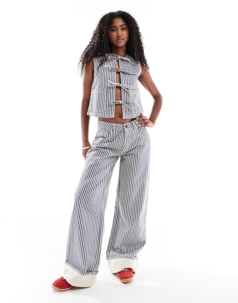 Daisy Street mid rise wide leg turn up jeans in dark navy stripe co-ord
