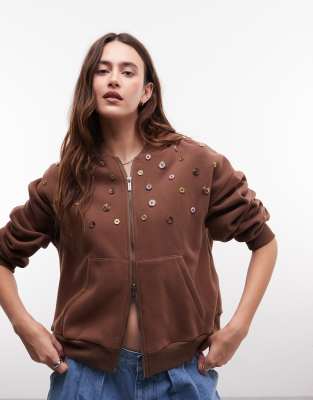 Daisy Street Jersey Zip Up Hoodie With Button Embelishments In Brown