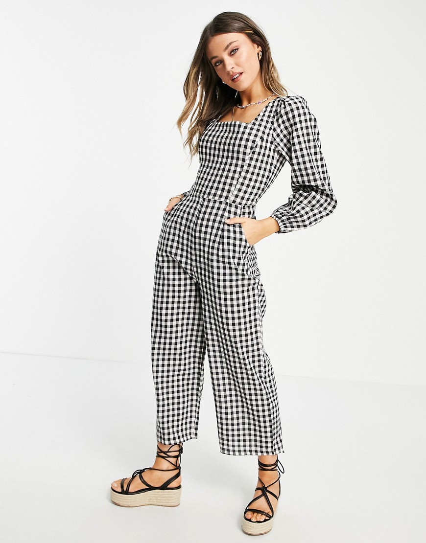 Daisy Street jumpsuit with lace up back in gingham check-Black