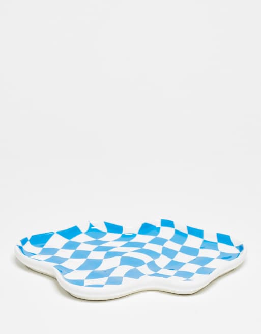 Daisy Street – Karierte Schmuckschale mit wabbeligem Design in Blau und Weiß