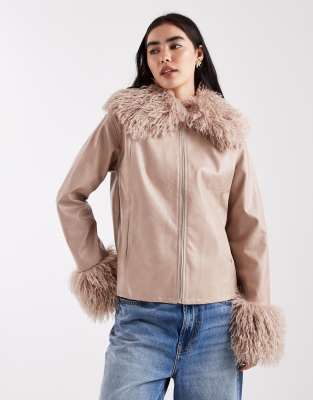 Daisy Street - Kastige Jacke mit Reißverschluss und Kunstpelzbesatz-Rosa