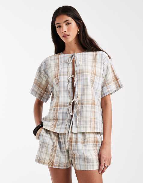 Daisy Street – Kastige Schlupf-Shorts in Braun und Beige kariert mit niedrigem Bund, Kombiteil - view 1