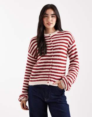 Daisy Street - Kastige Strickjacke mit Streifenmuster in Rot und Wollweiß-Bunt