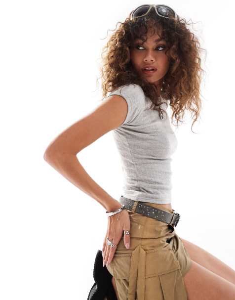 Daisy Street – Knapp geschnittenes T-Shirt aus Pointelle in meliertem Grau - view 1
