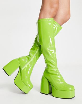 Daisy Street knee boots in green vinyl