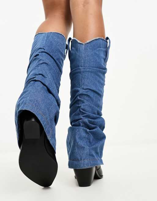 Daisy Street – Kniehohe Westernstiefel in Schwarz mit gerafftem Denim, 3 von 4