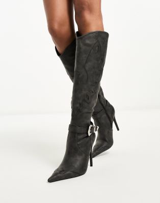 Daisy Street - Kniehohe Westernstiefel in Schwarz mit Stiletto-Absatz und Schnalle