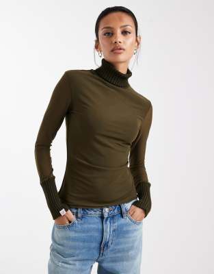Daisy Street Knit And Mesh Long Sleeve Top In Green