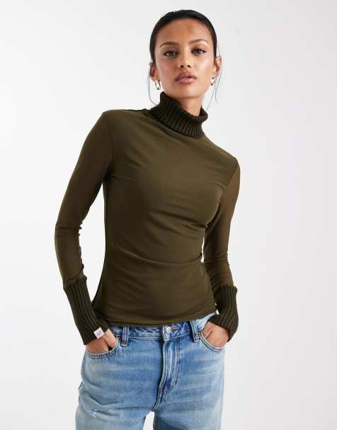 Daisy Street knit and mesh long sleeve top in khaki - view 1