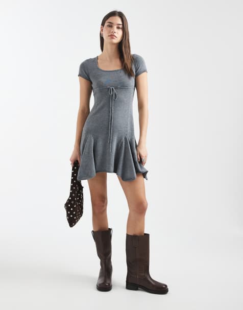 Daisy Street knit asymmetric mini dress in grey - view 1