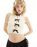 Daisy Street knit crop singlet with ribbon tie front-White