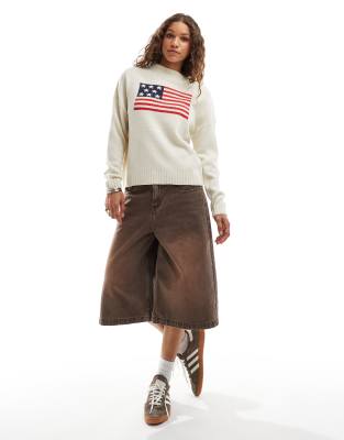 knit oversized sweater in cream with flag embroidery-White