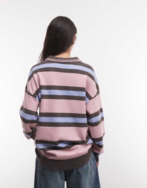 Daisy Street knit polo jumper in blue pink stripe, 4 of 4