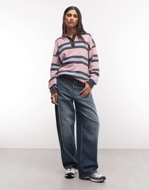 Daisy Street knit polo sweater in blue/pink stripe, 2 of 4
