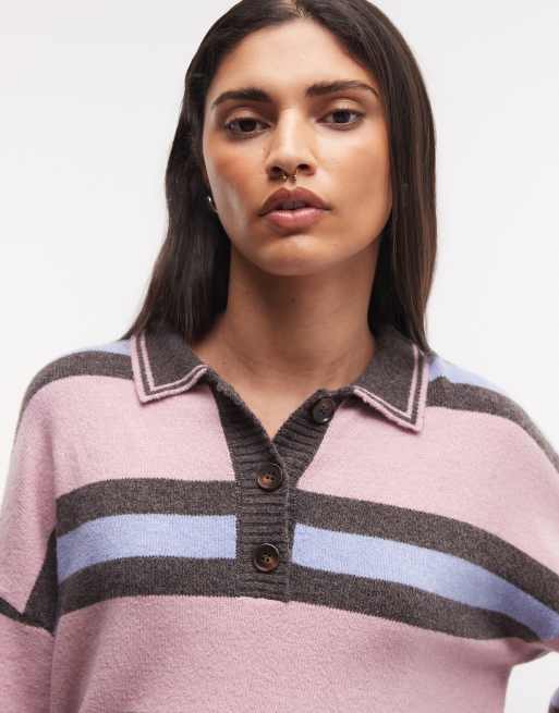 Daisy Street knit polo sweater in blue/pink stripe, 3 of 4