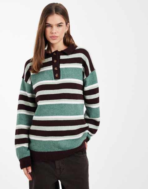 Daisy Street knit slouchy fit rugby polo shirt in green multi stripe - view 1