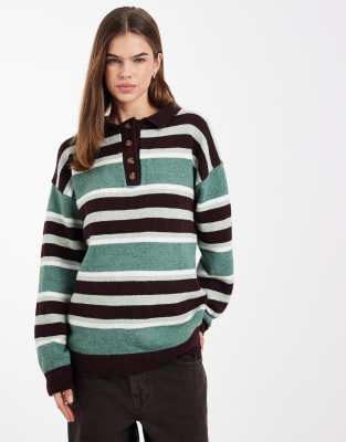 Daisy Street Knit Slouchy Fit Rugby Polo Shirt In Green
