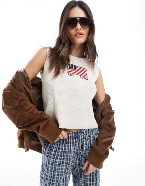 Daisy Street knit tank top with USA graphic in white - view 1