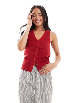 Daisy Street Knit V Neck Vest With Pockets In Red