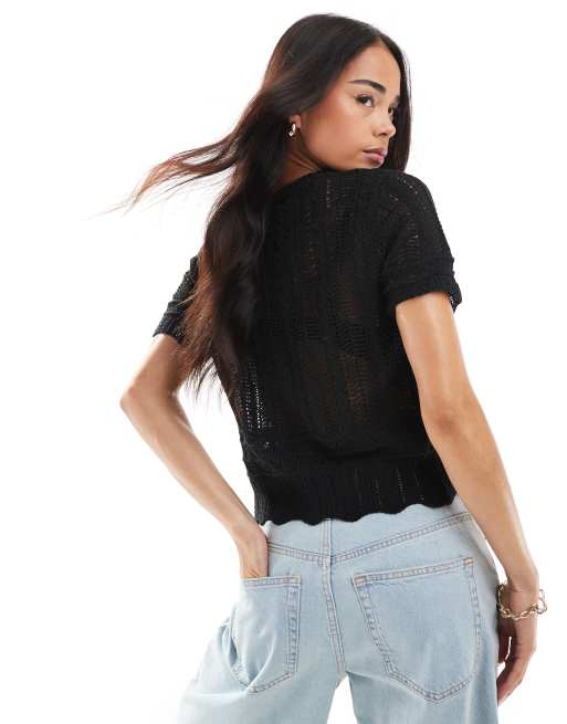 Daisy Street knitted cardigan with embroidered flowers in black, 3 of 4