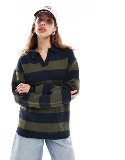 Daisy Street knitted rugby top in chunky navy khaki stripe - view 1