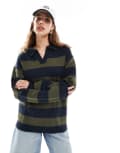 [Daisy Street] Daisy Street knitted rugby top in chunky navy khaki stripe-Multi 14 NAVY KHAKI STRIPE