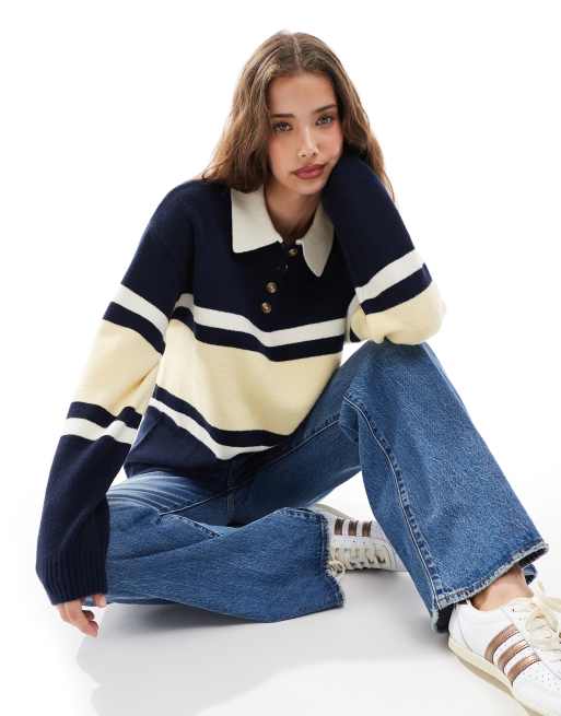 Daisy Street knitted slouchy fit rugby polo shirt in yellow navy stripe