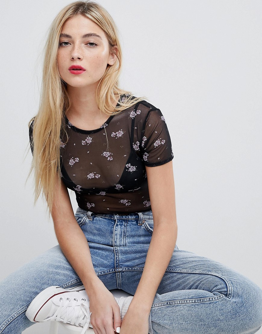 Daisy Street - Kort mesh T-shirt met bloemenprint-Zwart