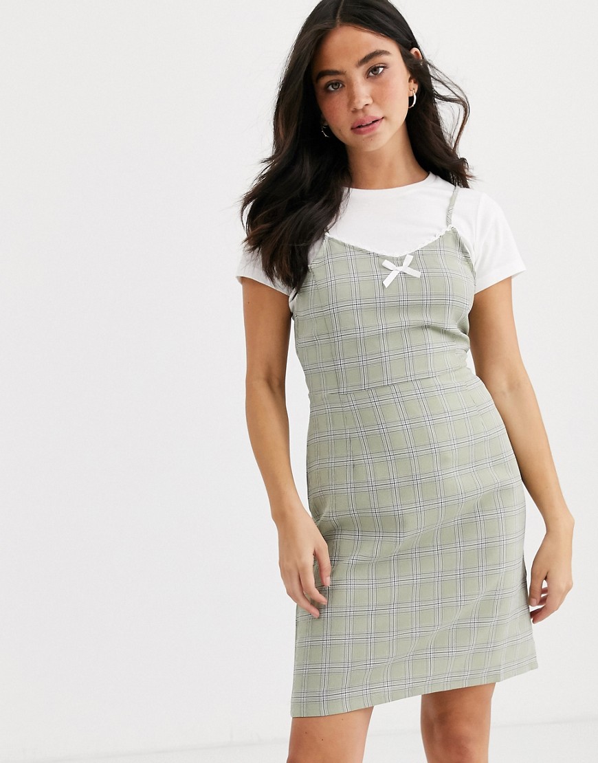 Daisy Street - Korte cami-jurk met ruches en strik aan de voorkant en ruitmotief-Groen