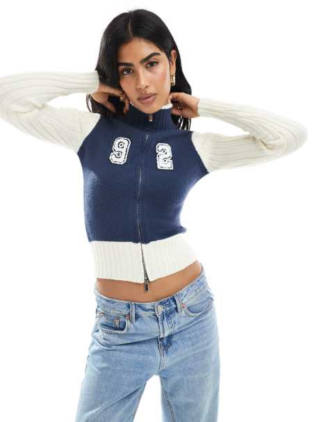 Daisy Street zip through high neck fitted cardigan in cream and navy