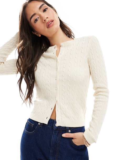 Daisy Street cable knit fitted waist cardigan in cream