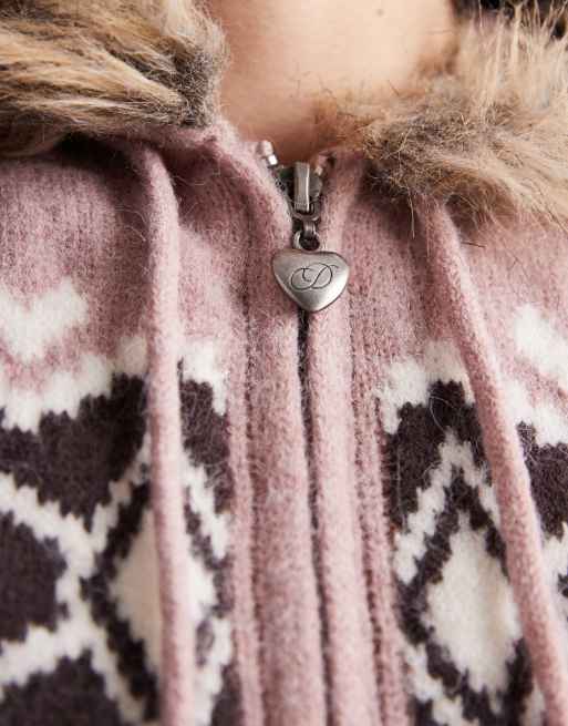Daisy Street – Kunstpelz-Strickjacke in Altrosa mit Reißverschluss, 3 von 4
