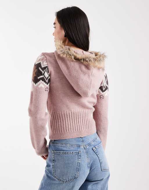 Daisy Street – Kunstpelz-Strickjacke in Altrosa mit Reißverschluss, 4 von 4