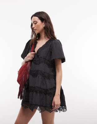Daisy Street Lace Insent Smock Mini Dress In Black