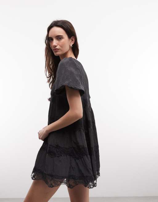 Daisy Street lace insert smock mini dress in gray, 4 of 4