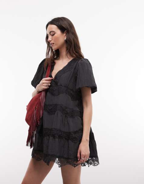 Daisy Street lace insert smock mini dress in grey - view 1