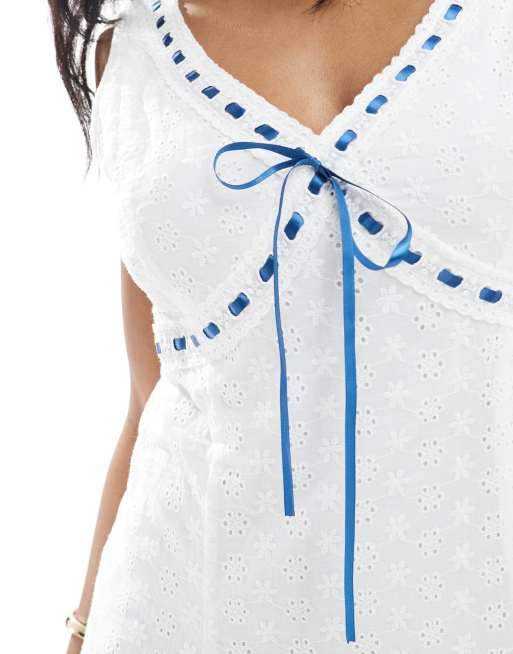 Daisy Street lace thread through detail eyelet mini dress in white, 3 of 4