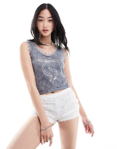 Daisy Street lace trim crop vest with bow graphic in washed grey - view 1