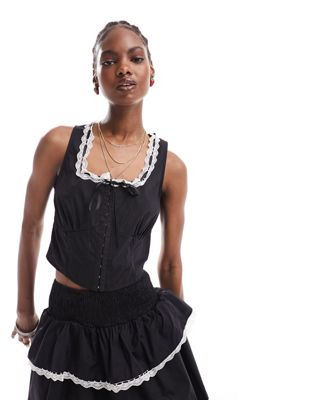 Daisy Street lace trim prairie style corset top in black co-ord